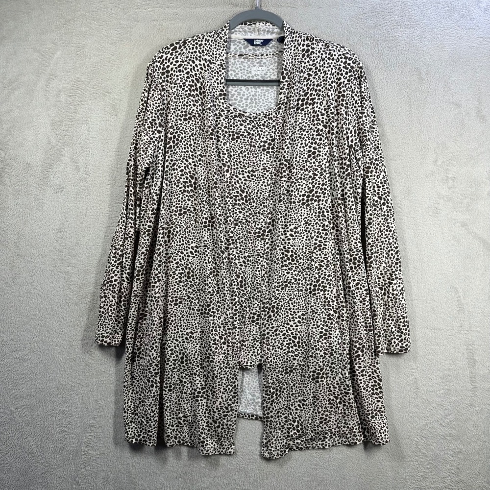 Lands End Cardigan T-Shirt Set Womens L Brown Animal Print Layering Twinset